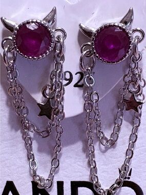 Silver-tone Pink Gem Star Chain Drop Earrings